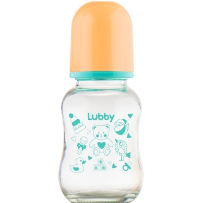 Бутылочка стеклянная Lubby® с соской "Малыши и малышки", 120 мл с рождения.