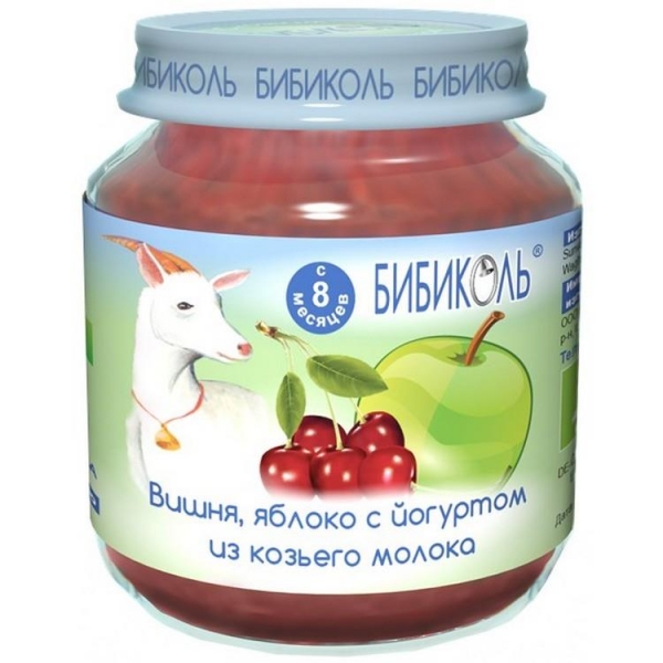 Пюре БИБИКОЛЬ Вишня, яблоко с йогуртом из козьего творожка 125 грамм - для детей с 8 месяцев.