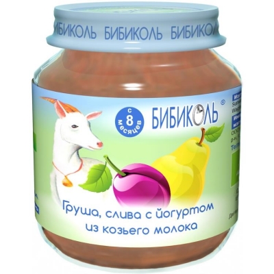 Пюре БИБИКОЛЬ Груша, слива с йогуртом из козьего творожка 125 грамм - для детей с 8 месяцев.