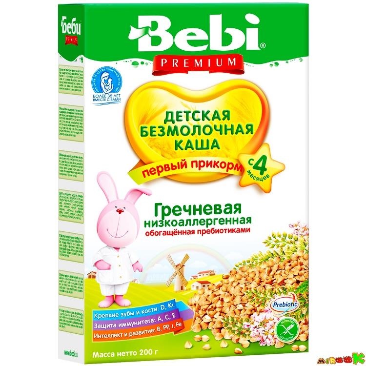 Каша Bebi Premium гречневая безмолочная низкоаллергенная с пребиотиками 200 г - для детей с 4 мес.