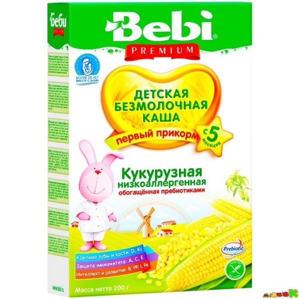 Каша Bebi Premium кукурузная безмолочная низкоаллергенная с пребиотиками 200 г - для детей с 5 мес.