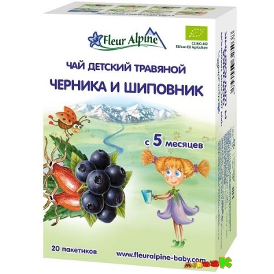 ​Детский чай Fleur Alpine «ЧЕРНИКА И ШИПОВНИК» 30 гр. (20 пак. x 1.5 гр.) Organic для детей с 5 мес.