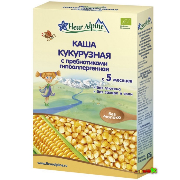 Каша Fleur Alpine Кукурузная с пребиотиками безмолочная (Гипоаллергенная) 175 гр. Organic для детей с 5 мес.